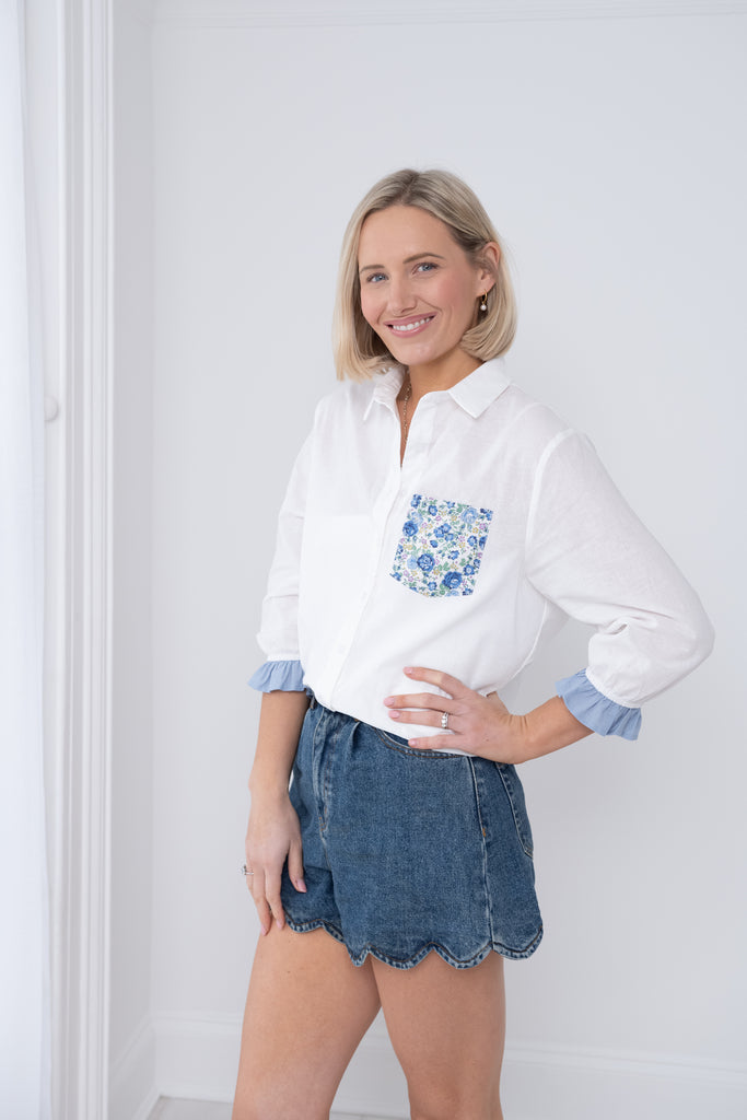Linen-blend shirt with Liberty Fabrics print pocket trim
