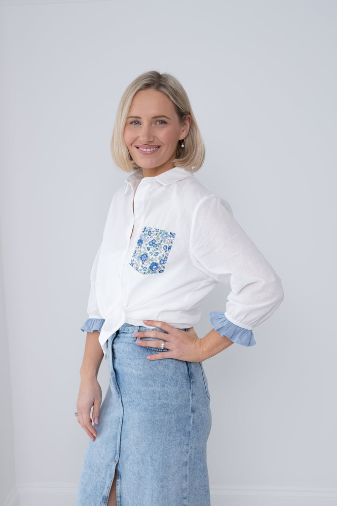 Linen-blend shirt with Liberty Fabrics print pocket trim