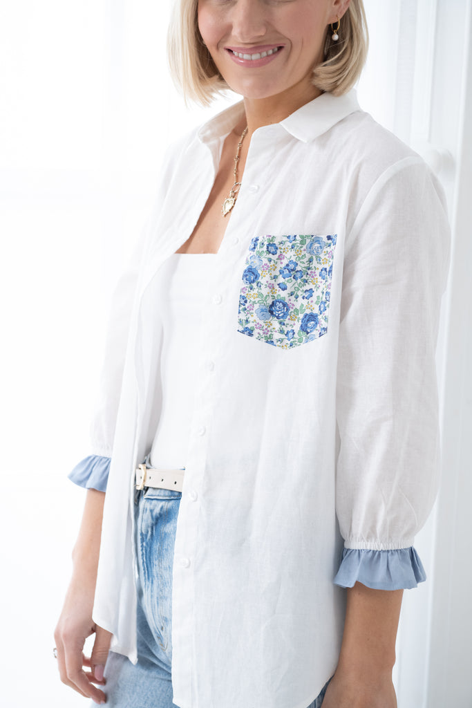 Linen-blend shirt with Liberty Fabrics print pocket trim